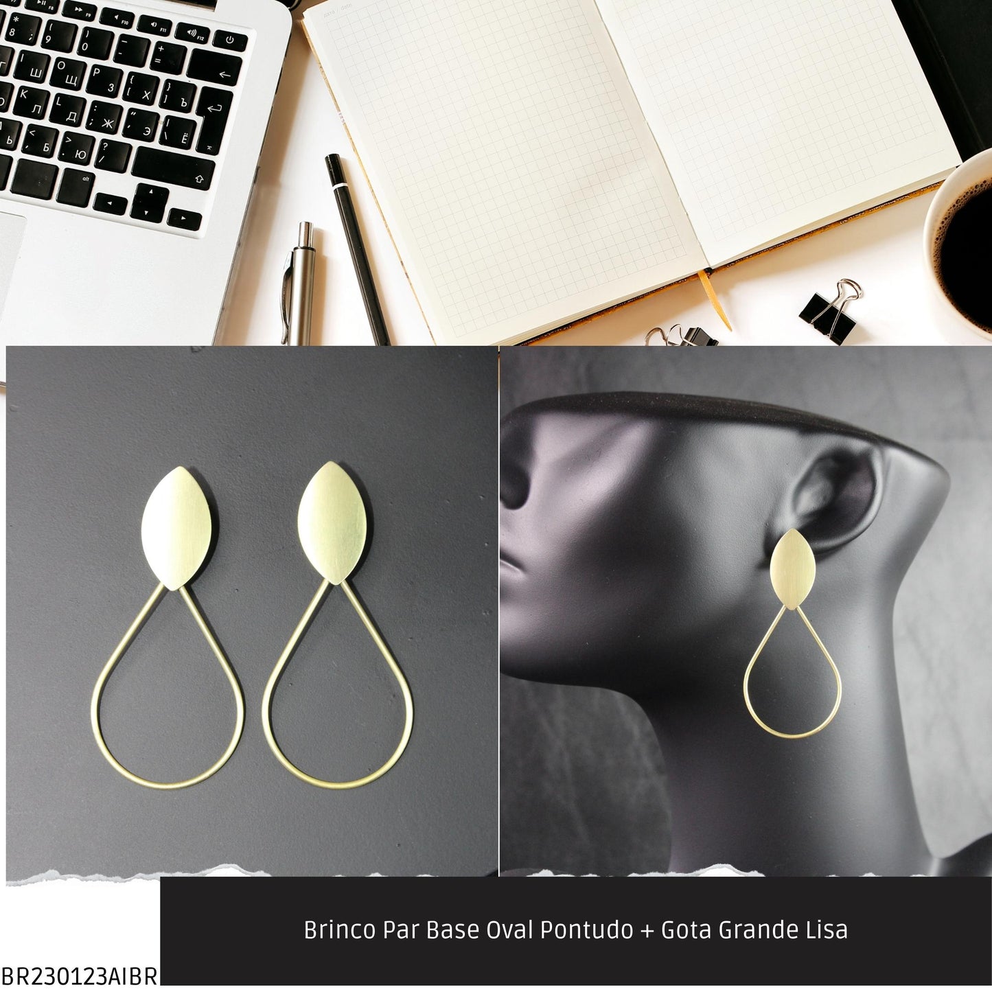 Brinco Par Base Oval Pontudo + Gota Grande Lisa - Código.: BR230123AIBR - Peso.: 6.7 gr