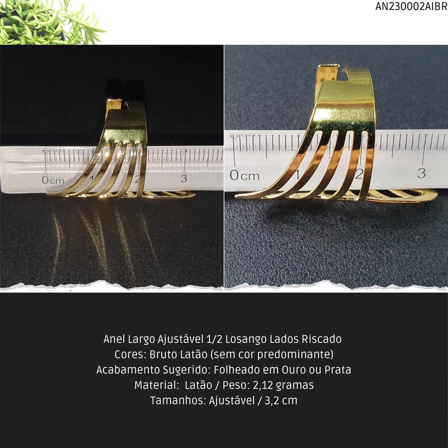 Anel Largo Ajustável 1/2 Losango Lados Riscado   - Código.: AN230002AIBR  - Peso.: 2.1 gr