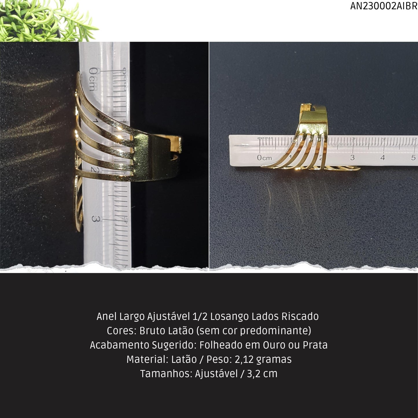Anel Largo Ajustável 1/2 Losango Lados Riscado   - Código.: AN230002AIBR  - Peso.: 2.1 gr