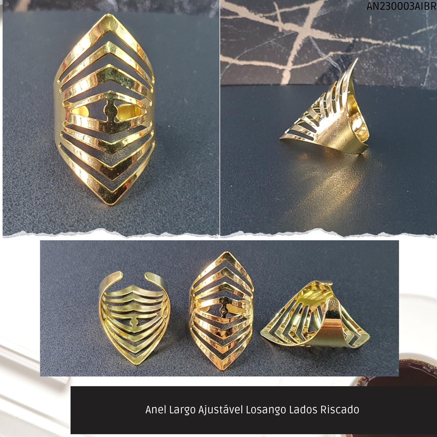 Anel Largo Ajustável Losango Lados Riscado   - Código.: AN230003AIBR  - Peso.: 2.8 gr