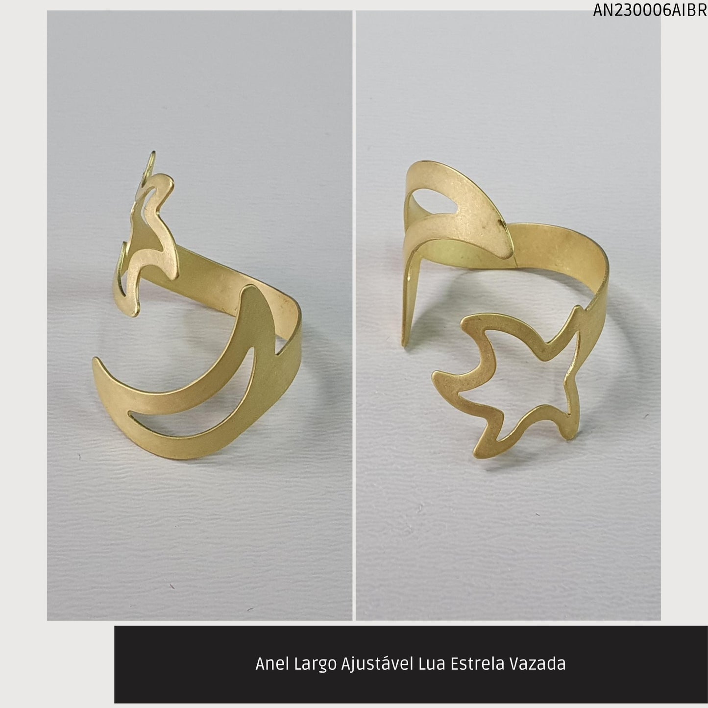 Anel Largo Ajustável Lua Estrela Vazada  - Código.: AN230006AIBR  - Peso.: 1.8 gr