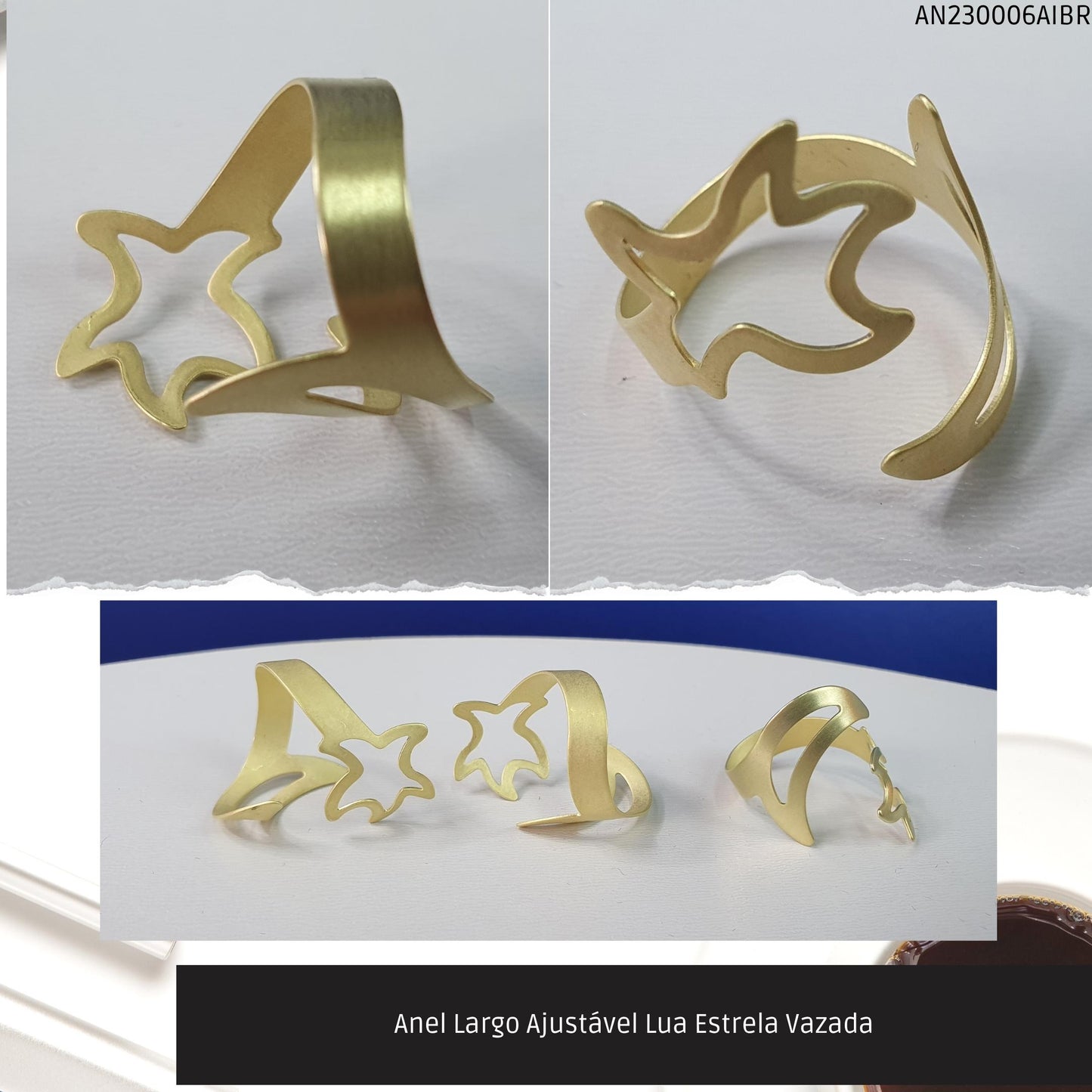 Anel Largo Ajustável Lua Estrela Vazada  - Código.: AN230006AIBR  - Peso.: 1.8 gr