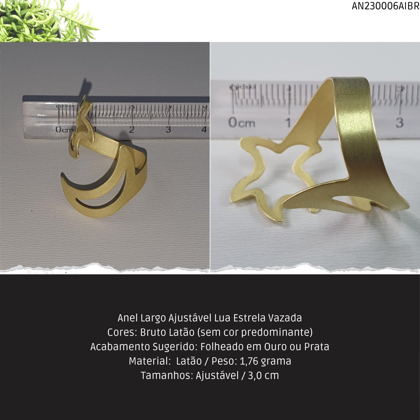 Anel Largo Ajustável Lua Estrela Vazada  - Código.: AN230006AIBR  - Peso.: 1.8 gr