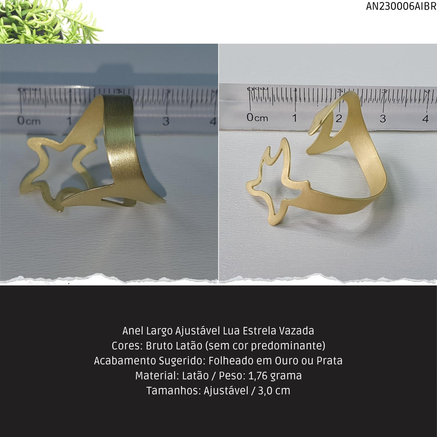 Anel Largo Ajustável Lua Estrela Vazada  - Código.: AN230006AIBR  - Peso.: 1.8 gr