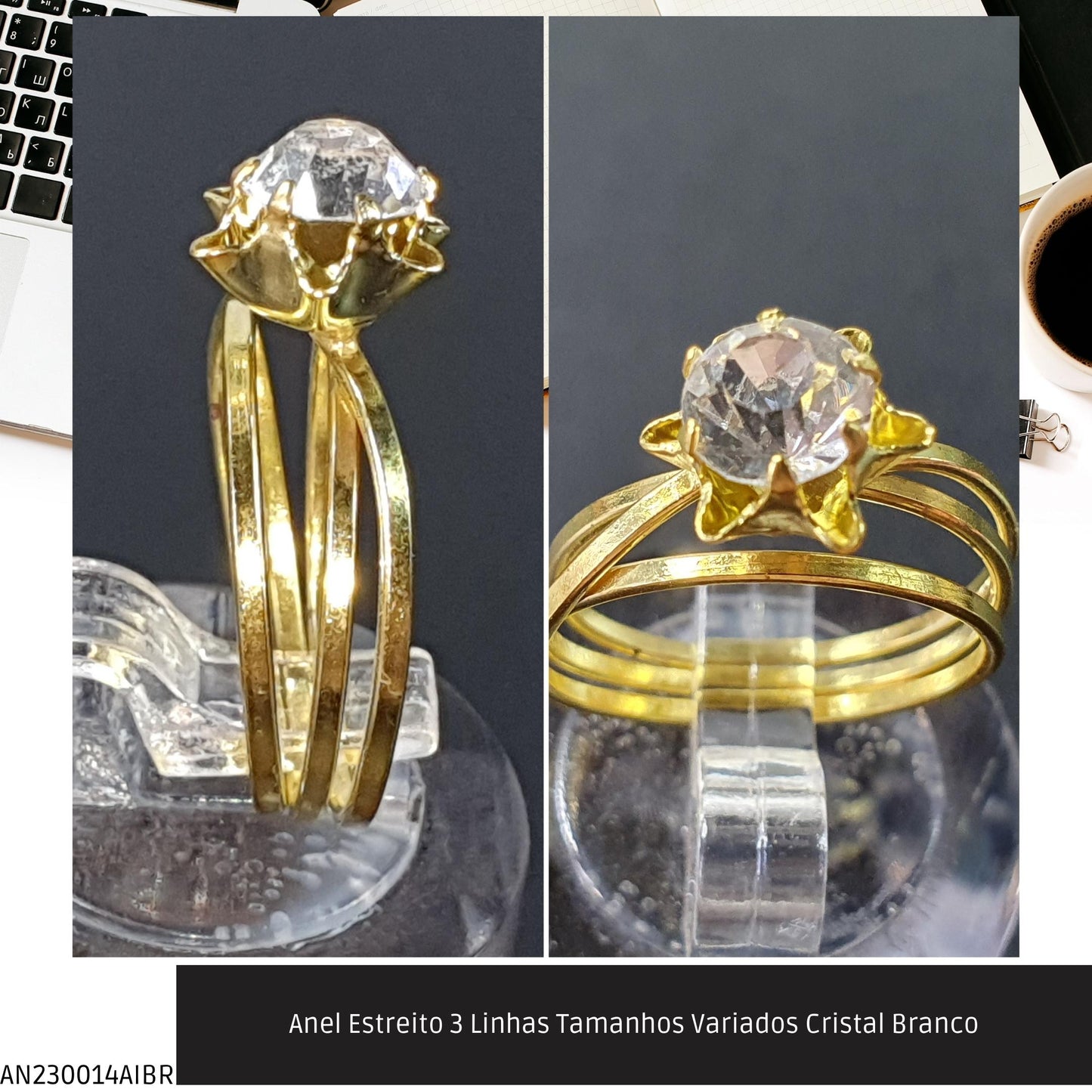 Anel Estreito 3 Linhas Tamanhos Variados Cristal Branco  - Código.: AN230014AIBR  - Peso.: 1.6 gr