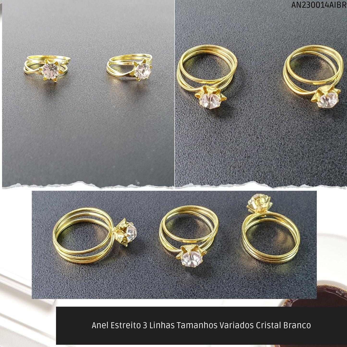 Anel Estreito 3 Linhas Tamanhos Variados Cristal Branco  - Código.: AN230014AIBR  - Peso.: 1.6 gr