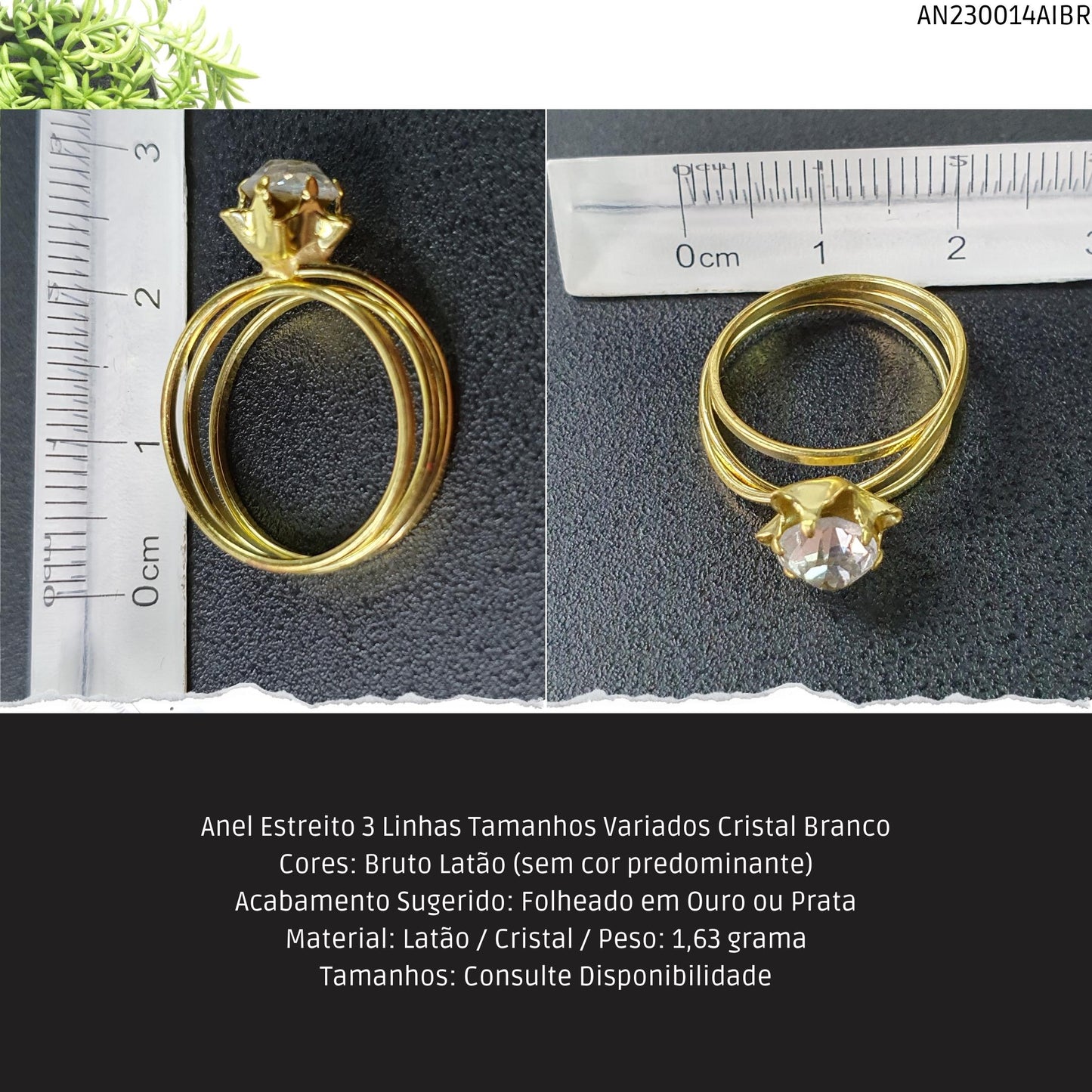 Anel Estreito 3 Linhas Tamanhos Variados Cristal Branco  - Código.: AN230014AIBR  - Peso.: 1.6 gr
