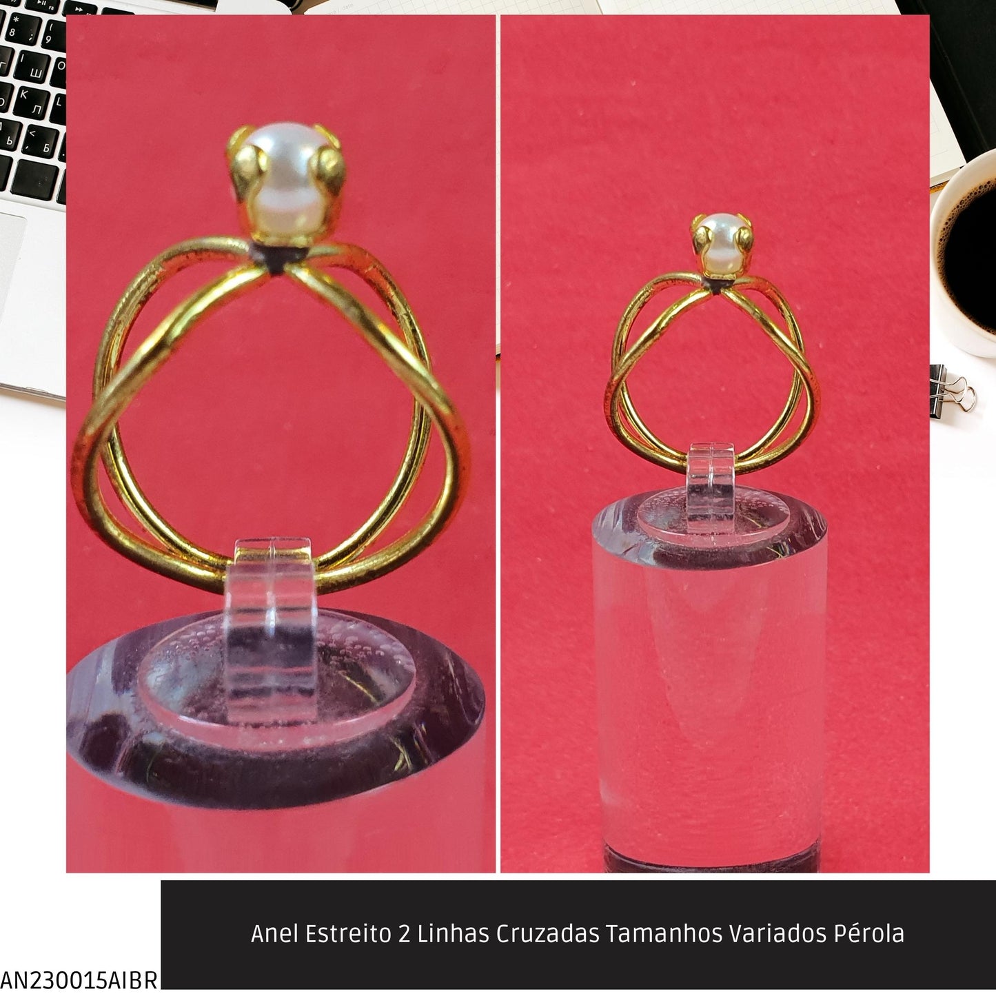 Anel Estreito 2 Linhas Cruzadas Tamanhos Variados Pérola  - Código.: AN230015AIBR  - Peso.: 2.5 gr