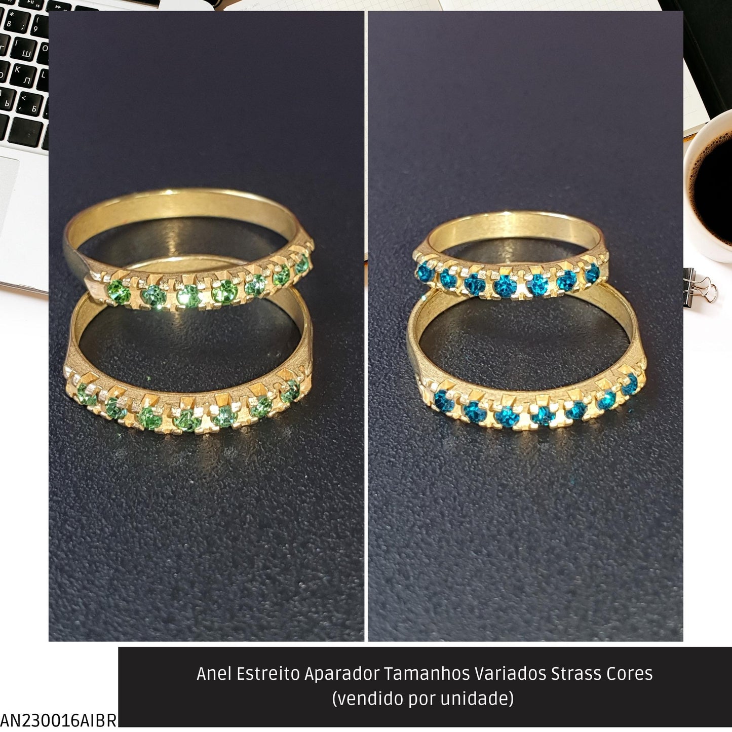 Anel Estreito Aparador Tamanhos Variados Strass Cores   - Código.: AN230016AIBR  - Peso.: 1.4 gr