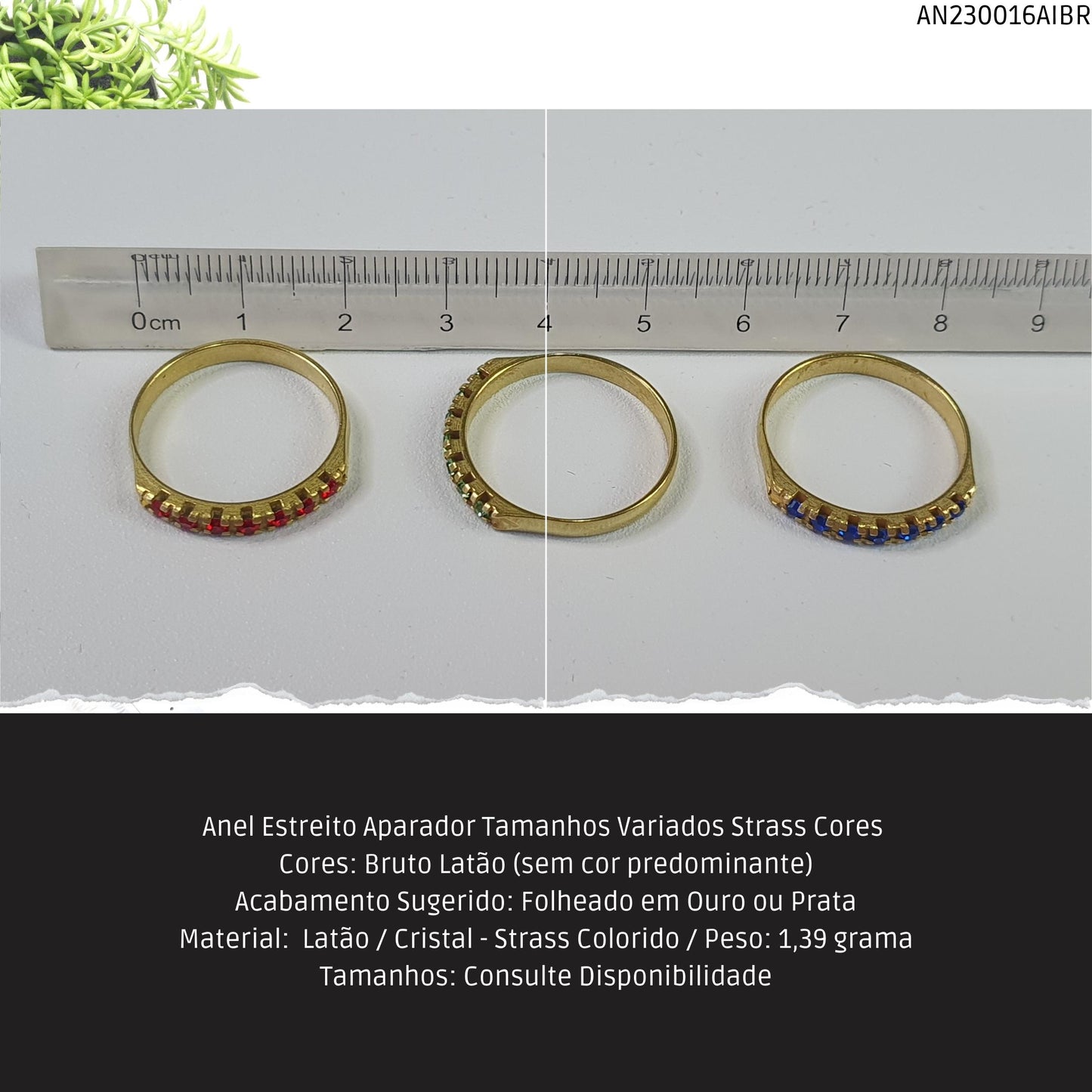Anel Estreito Aparador Tamanhos Variados Strass Cores   - Código.: AN230016AIBR  - Peso.: 1.4 gr