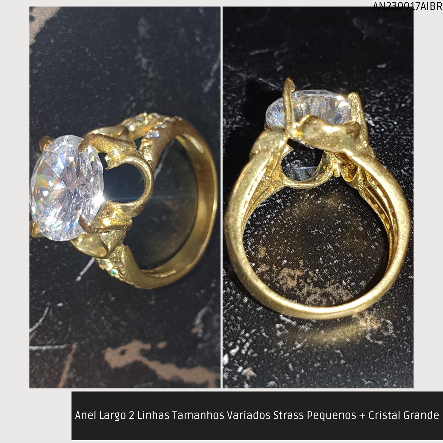 Anel Largo 2 Linhas Tamanhos Variados Strass Pequenos + Cristal Grande  - Código.: AN230017AIBR  - Peso.: 5.9 gr