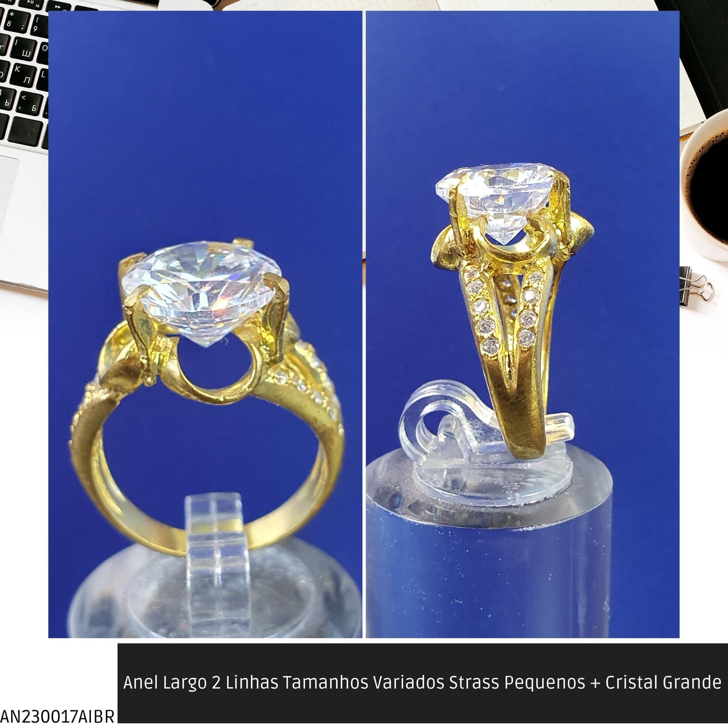 Anel Largo 2 Linhas Tamanhos Variados Strass Pequenos + Cristal Grande  - Código.: AN230017AIBR  - Peso.: 5.9 gr
