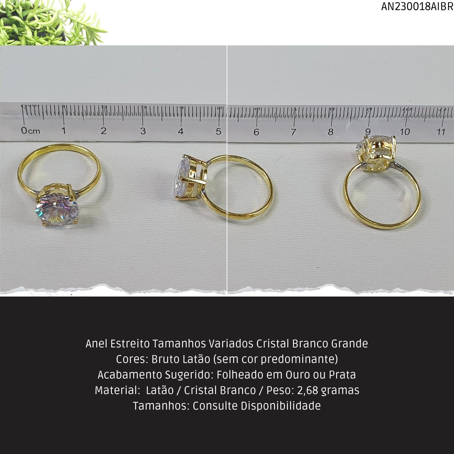 Anel Estreito Tamanhos Variados Cristal Branco Grande  - Código.: AN230018AIBR  - Peso.: 2.7 gr