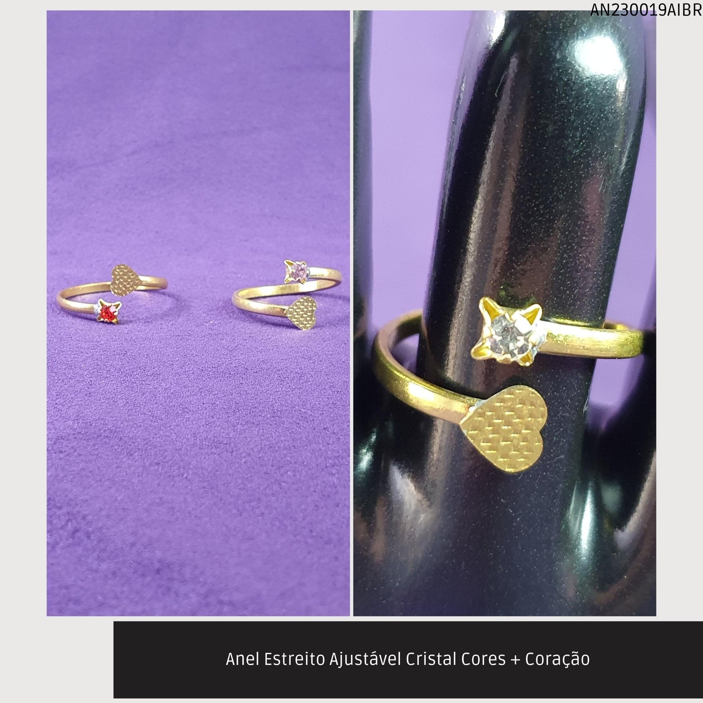 Anel Estreito Ajustável Cristal Cores + Coração  - Código.: AN230019AIBR  - Peso.: 1.3 gr