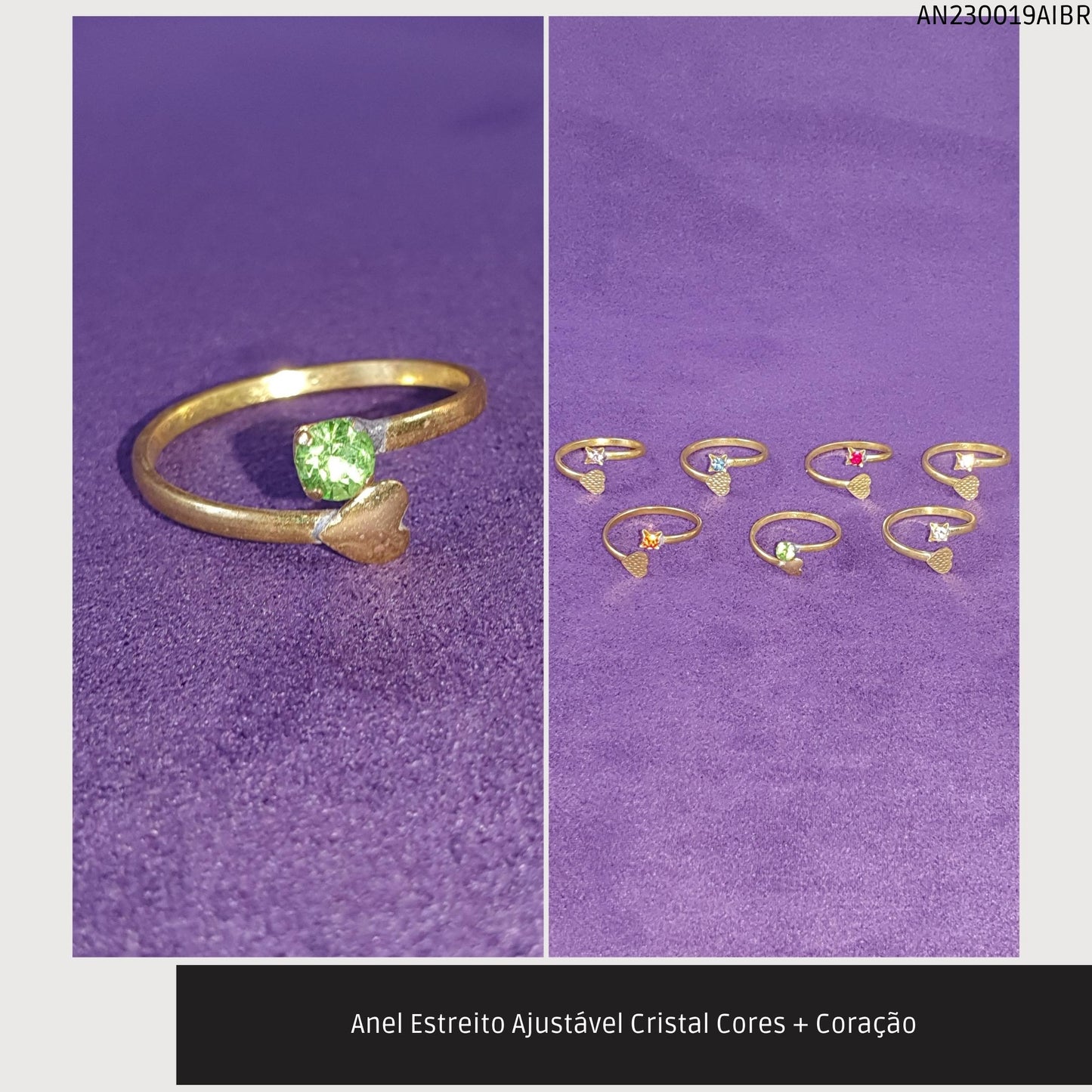 Anel Estreito Ajustável Cristal Cores + Coração  - Código.: AN230019AIBR  - Peso.: 1.3 gr