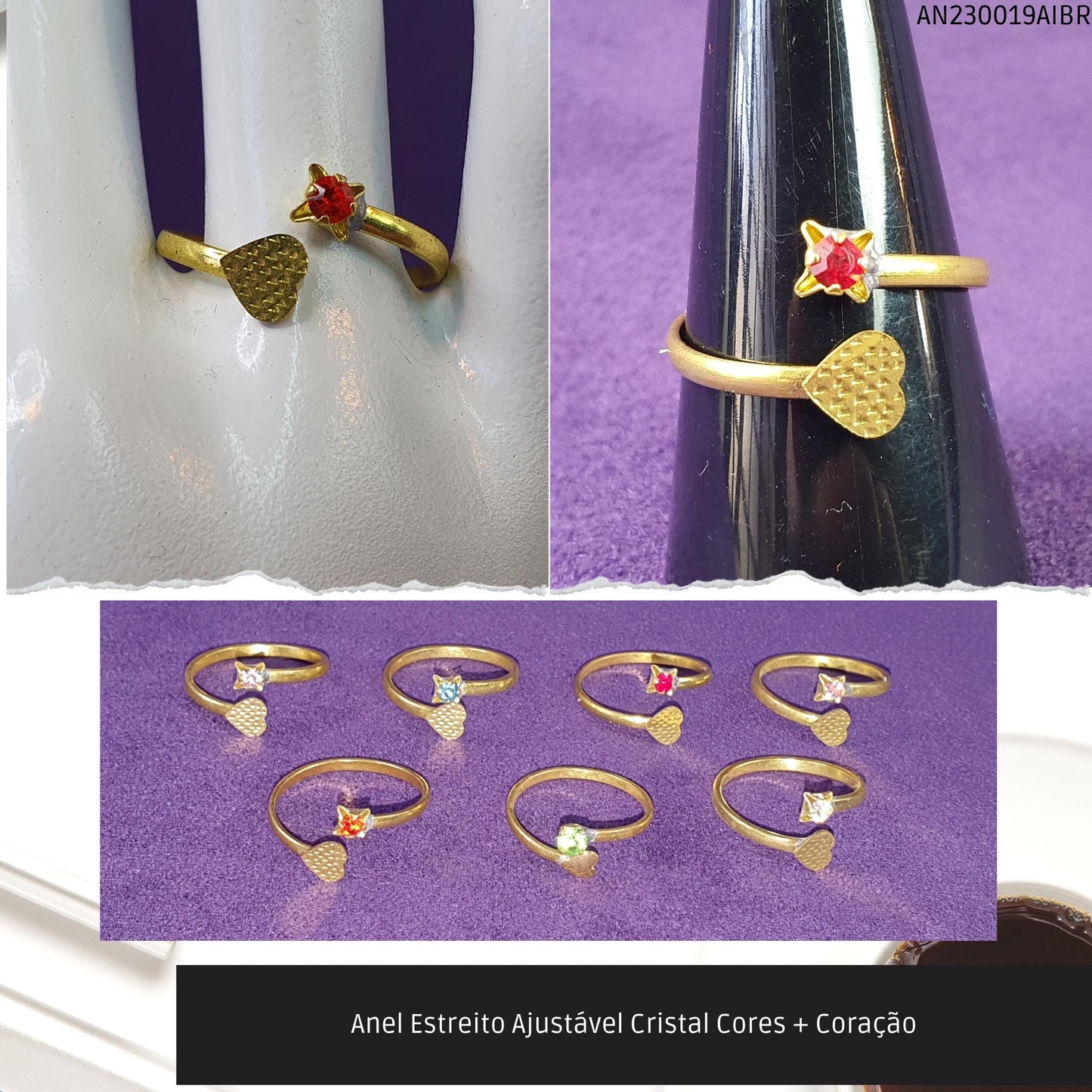 Anel Estreito Ajustável Cristal Cores + Coração  - Código.: AN230019AIBR  - Peso.: 1.3 gr
