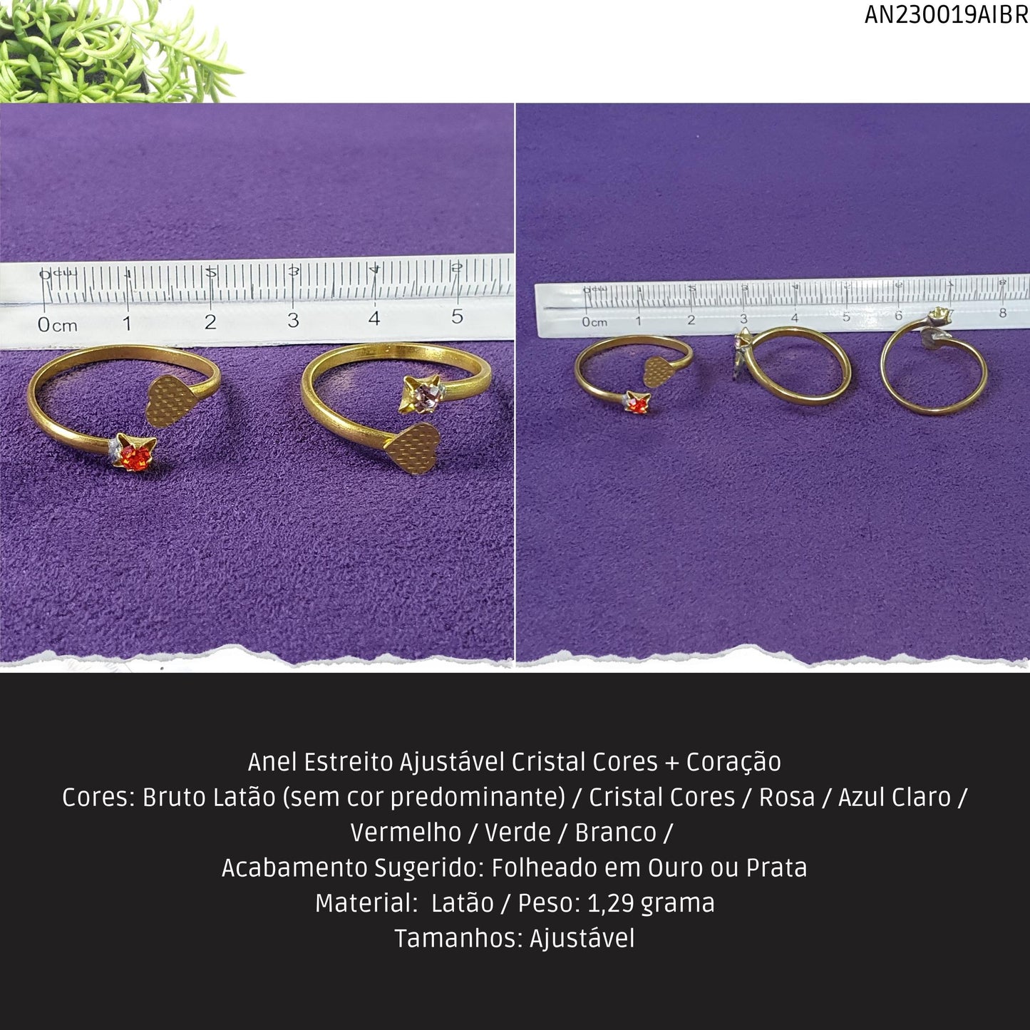 Anel Estreito Ajustável Cristal Cores + Coração  - Código.: AN230019AIBR  - Peso.: 1.3 gr