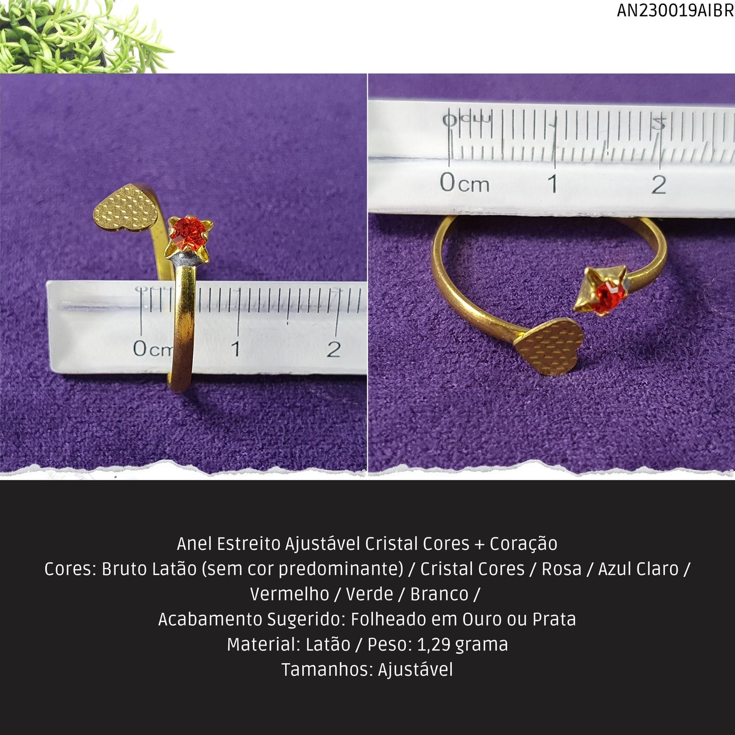 Anel Estreito Ajustável Cristal Cores + Coração  - Código.: AN230019AIBR  - Peso.: 1.3 gr