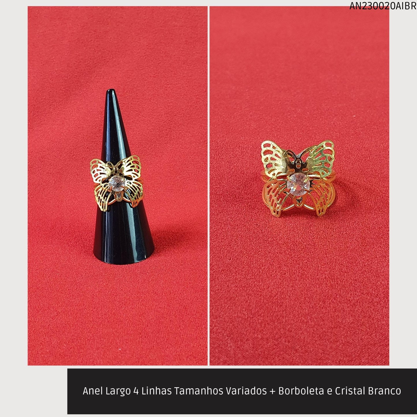 Anel Largo 4 Linhas Tamanhos Variados + Borboleta e Cristal Branco  - Código.: AN230020AIBR  - Peso.: 3.2 gr