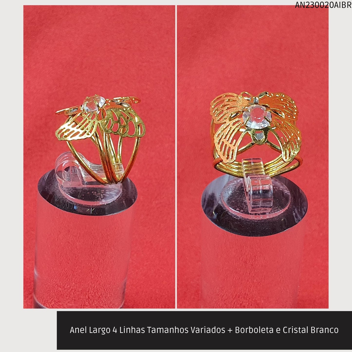 Anel Largo 4 Linhas Tamanhos Variados + Borboleta e Cristal Branco  - Código.: AN230020AIBR  - Peso.: 3.2 gr