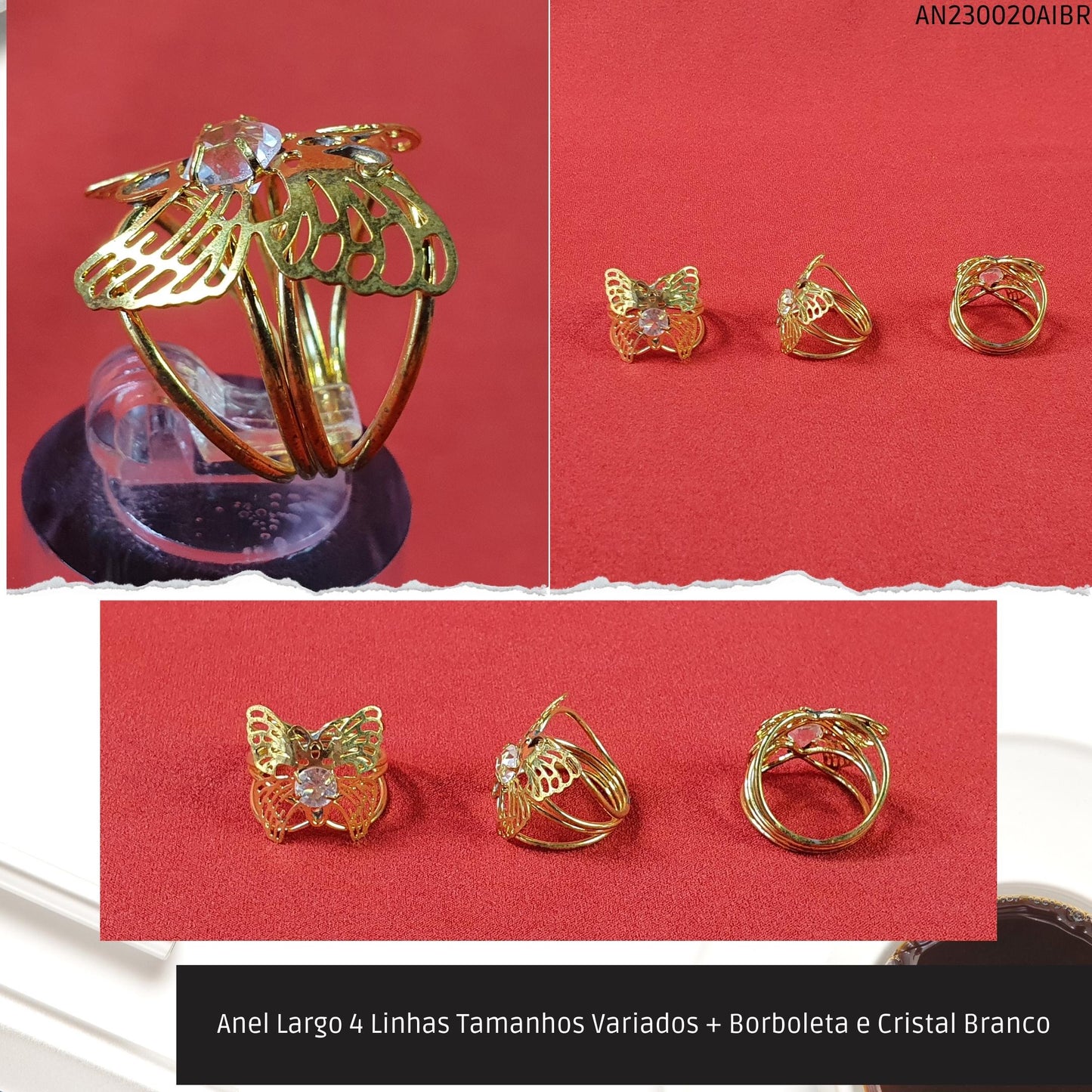 Anel Largo 4 Linhas Tamanhos Variados + Borboleta e Cristal Branco  - Código.: AN230020AIBR  - Peso.: 3.2 gr