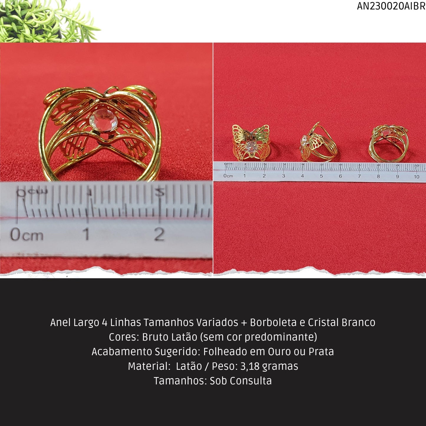 Anel Largo 4 Linhas Tamanhos Variados + Borboleta e Cristal Branco  - Código.: AN230020AIBR  - Peso.: 3.2 gr