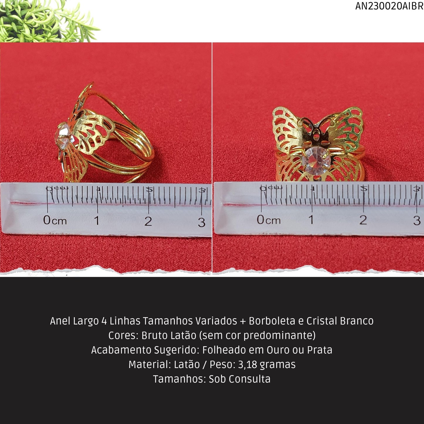 Anel Largo 4 Linhas Tamanhos Variados + Borboleta e Cristal Branco  - Código.: AN230020AIBR  - Peso.: 3.2 gr