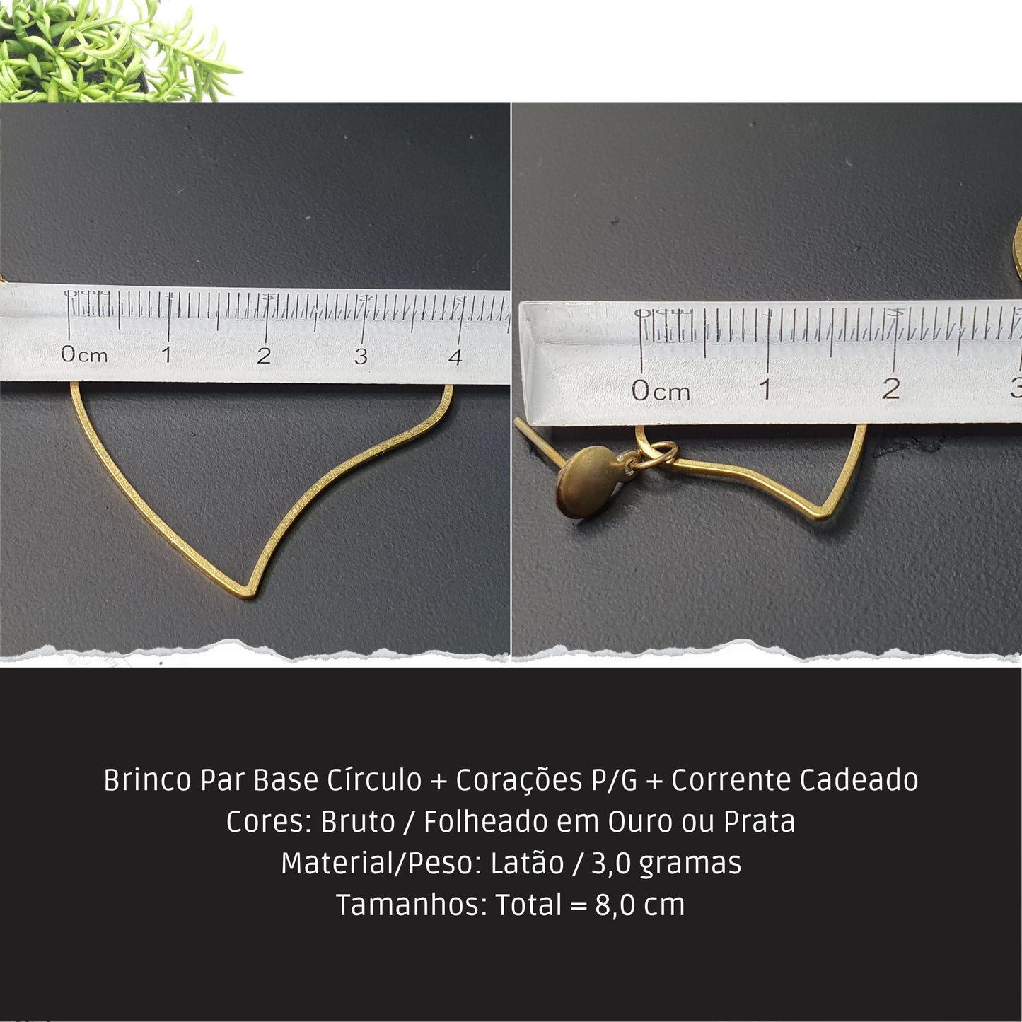 Brinco Par Base Círculo + Corações P/G + Corrente Cadeado  - Código.: BR230001AIBR  - Peso.: 3 gr