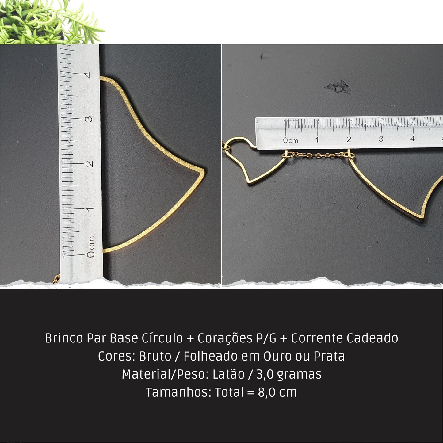 Brinco Par Base Círculo + Corações P/G + Corrente Cadeado  - Código.: BR230001AIBR  - Peso.: 3 gr