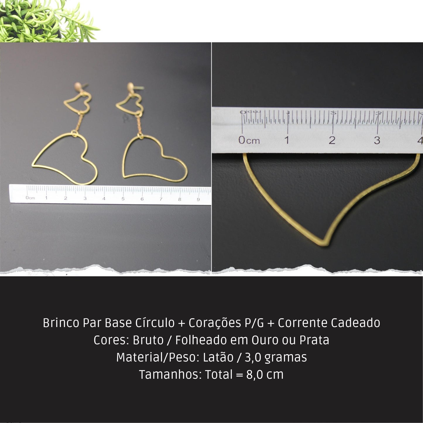 Brinco Par Base Círculo + Corações P/G + Corrente Cadeado  - Código.: BR230001AIBR  - Peso.: 3 gr