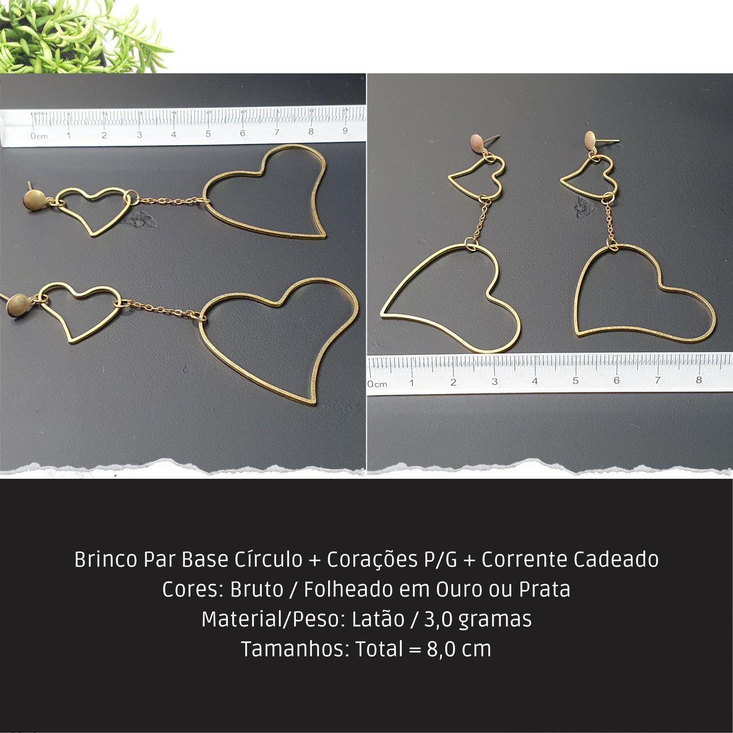 Brinco Par Base Círculo + Corações P/G + Corrente Cadeado  - Código.: BR230001AIBR  - Peso.: 3 gr