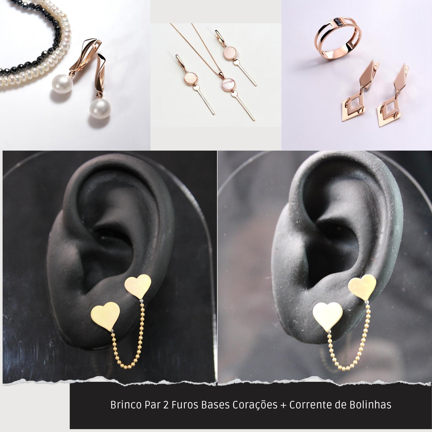 Brinco Par 2 Furos Bases Corações + Corrente de Bolinhas  - Código.: BR230002AIBR  - Peso.: 1.5 gr