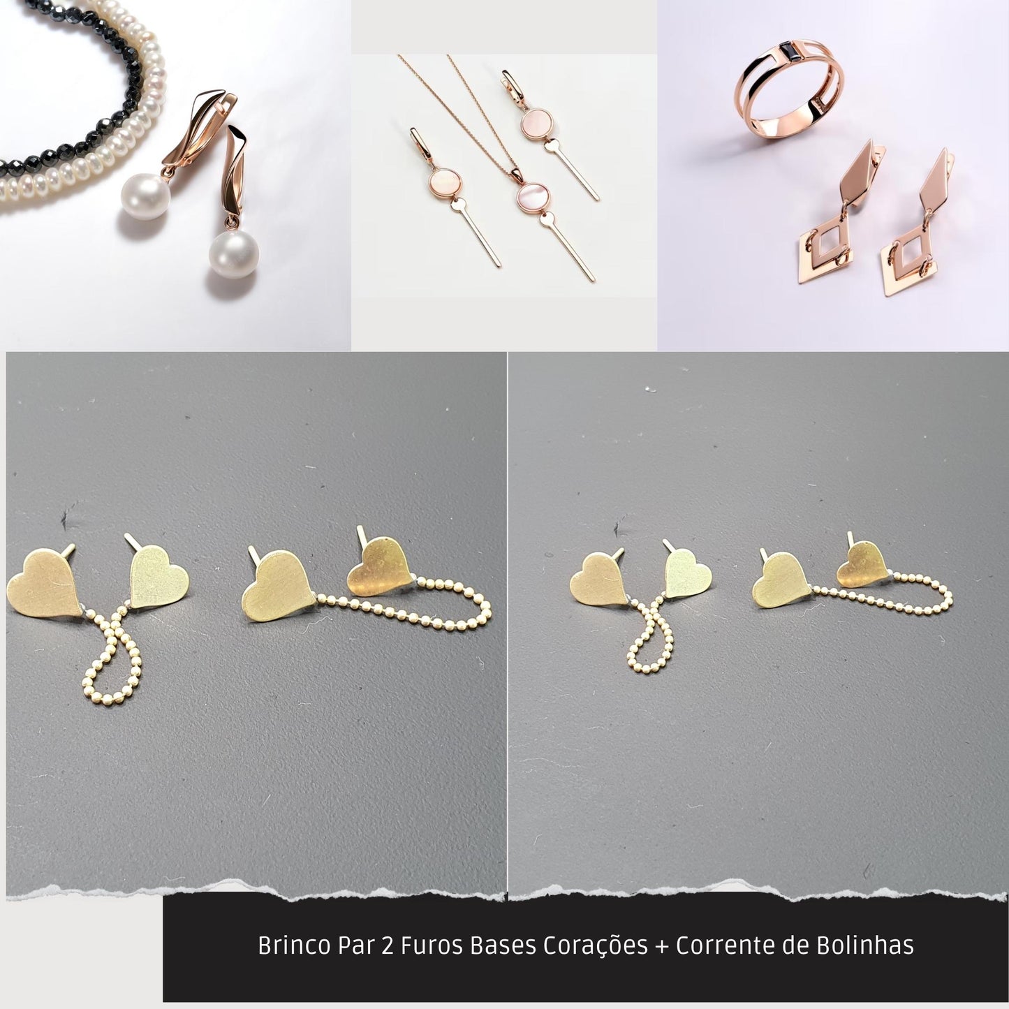 Brinco Par 2 Furos Bases Corações + Corrente de Bolinhas  - Código.: BR230002AIBR  - Peso.: 1.5 gr