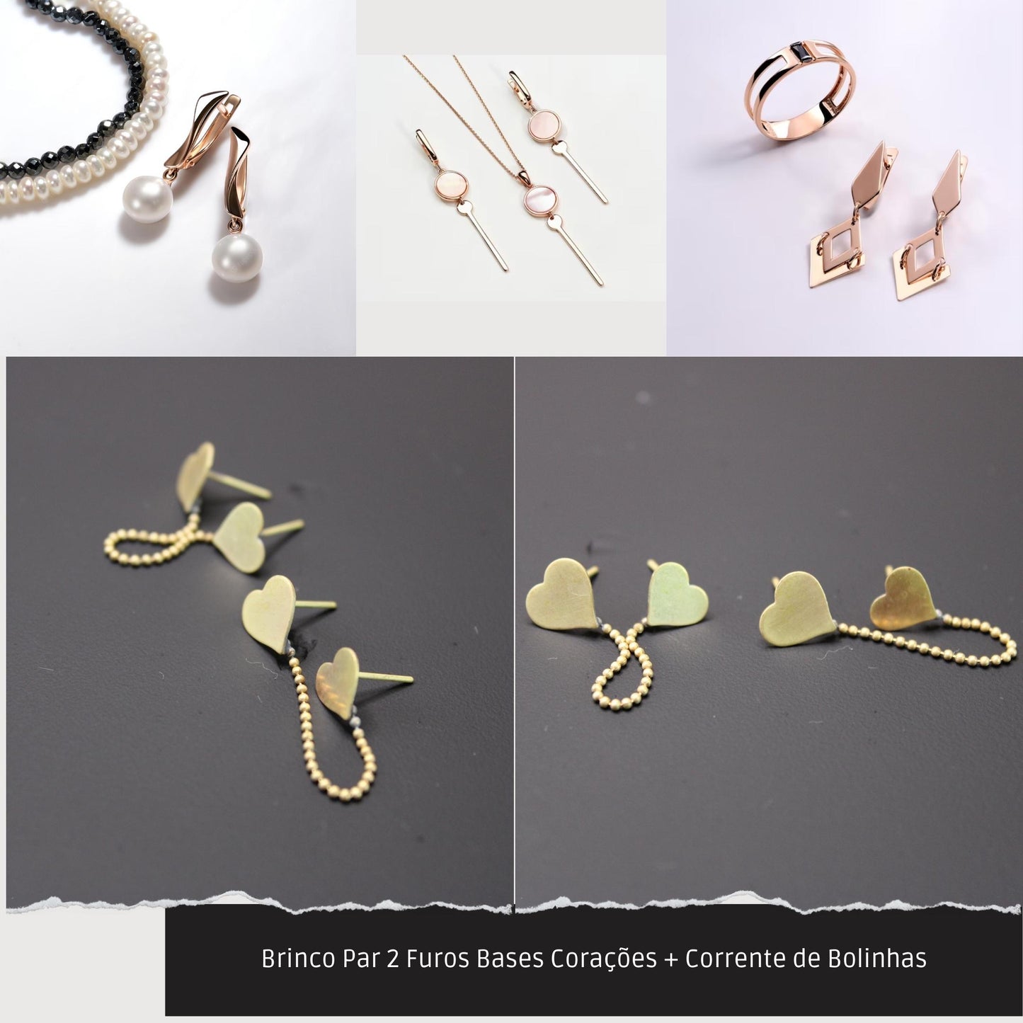Brinco Par 2 Furos Bases Corações + Corrente de Bolinhas  - Código.: BR230002AIBR  - Peso.: 1.5 gr