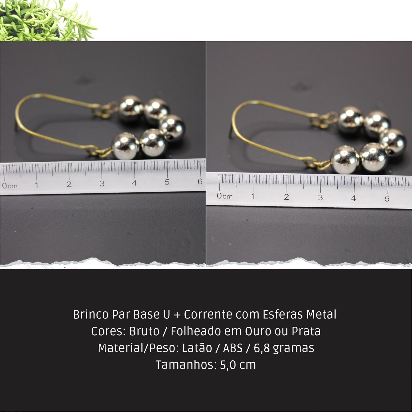 Brinco Par Base U + Corrente com Esferas Metal   - Código.: BR230003AIBR  - Peso.: 6.8 gr