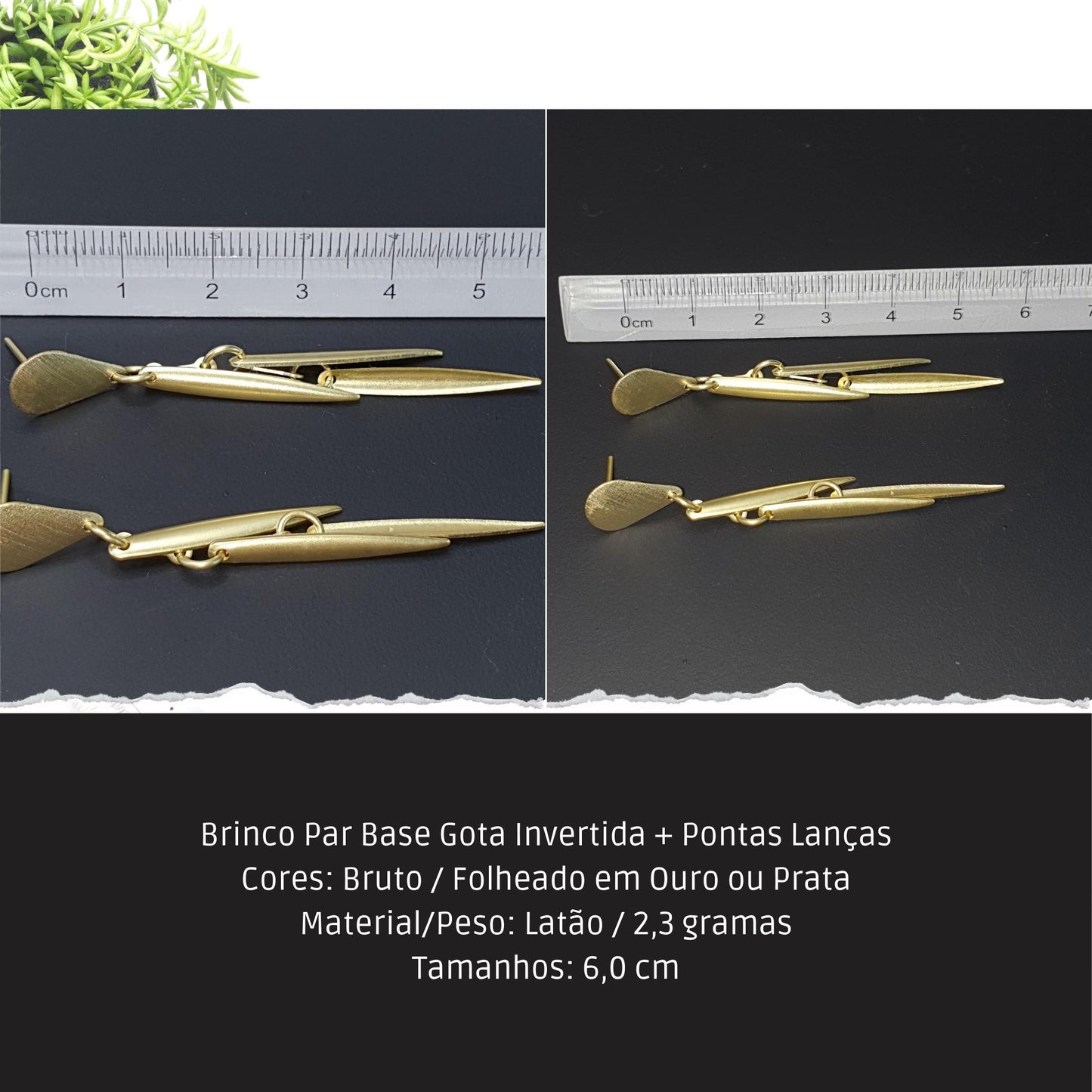Brinco Par Base Gota Invertida + Pontas Lanças  - Código.: BR230004AIBR  - Peso.: 2.3 gr
