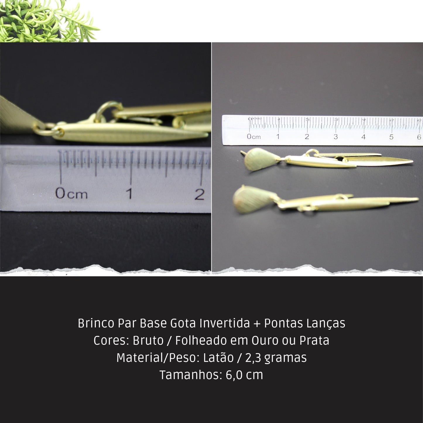 Brinco Par Base Gota Invertida + Pontas Lanças  - Código.: BR230004AIBR  - Peso.: 2.3 gr