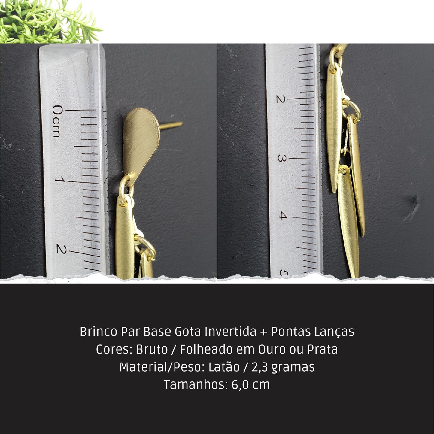 Brinco Par Base Gota Invertida + Pontas Lanças  - Código.: BR230004AIBR  - Peso.: 2.3 gr