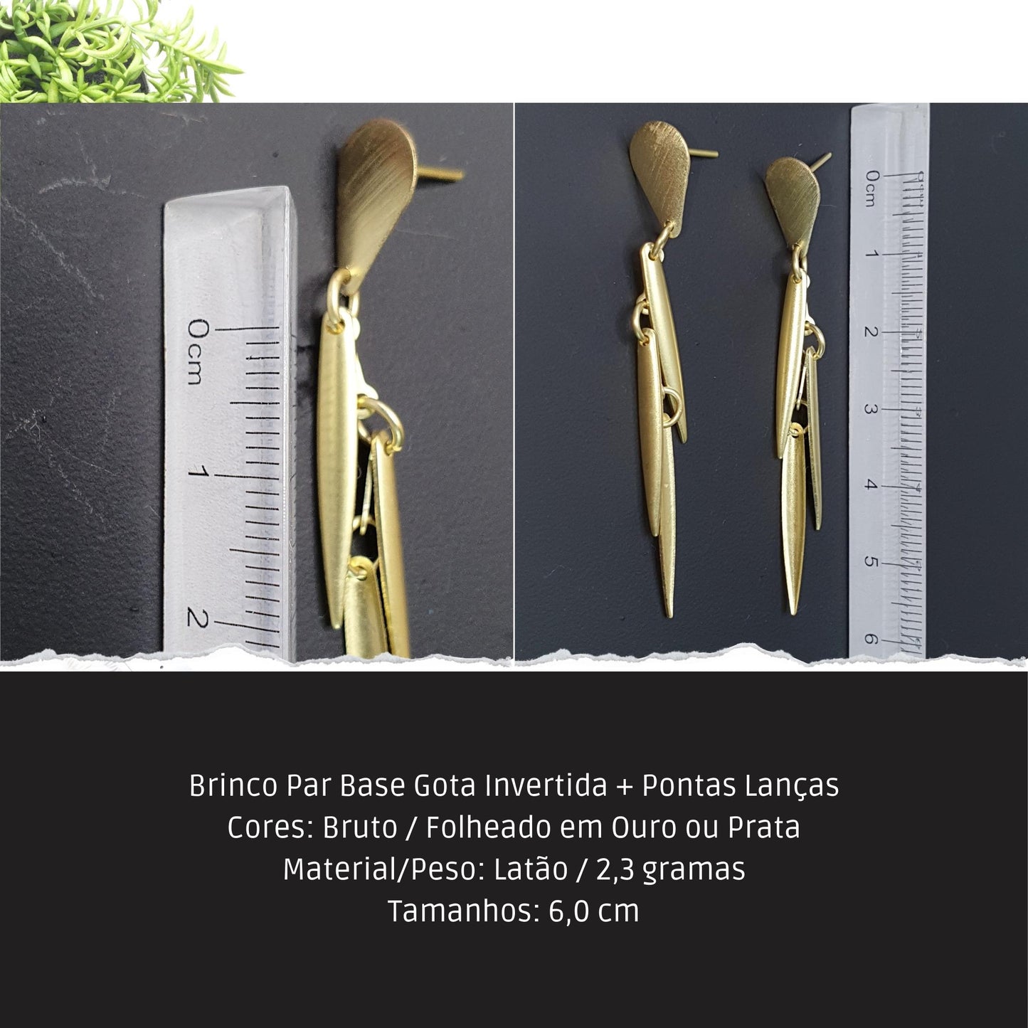Brinco Par Base Gota Invertida + Pontas Lanças  - Código.: BR230004AIBR  - Peso.: 2.3 gr