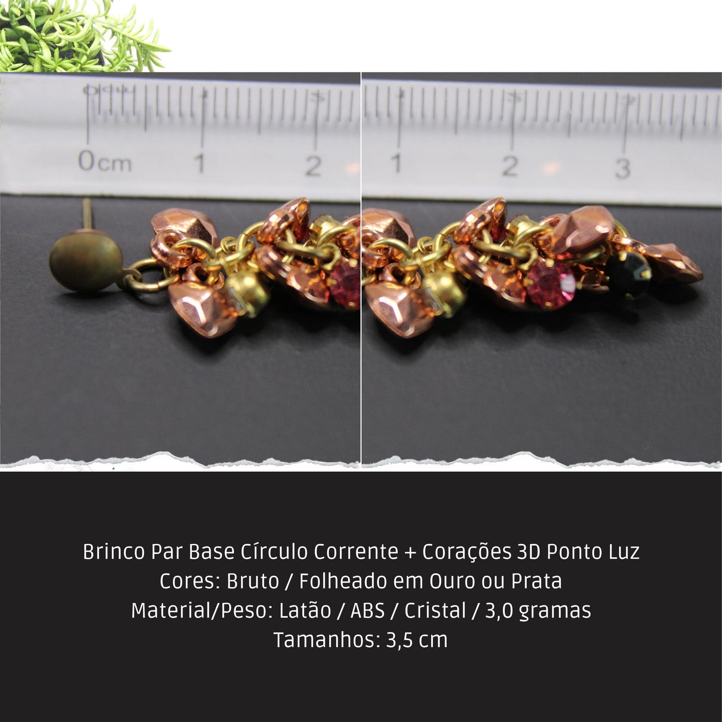Brinco Par Base Círculo Corrente + Corações 3D Ponto Luz  - Código.: BR230005AIBR  - Peso.: 3.0 gr