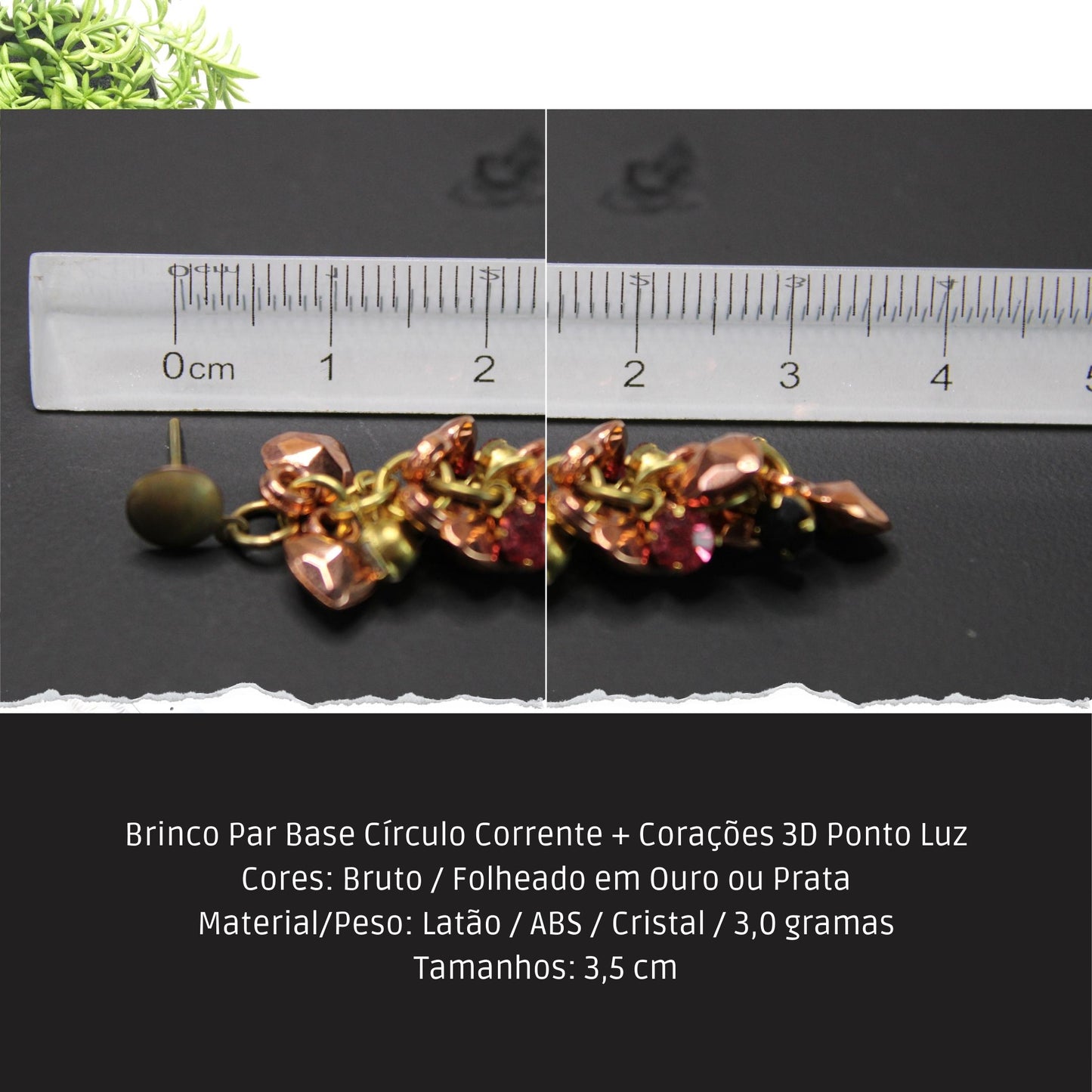 Brinco Par Base Círculo Corrente + Corações 3D Ponto Luz  - Código.: BR230005AIBR  - Peso.: 3.0 gr