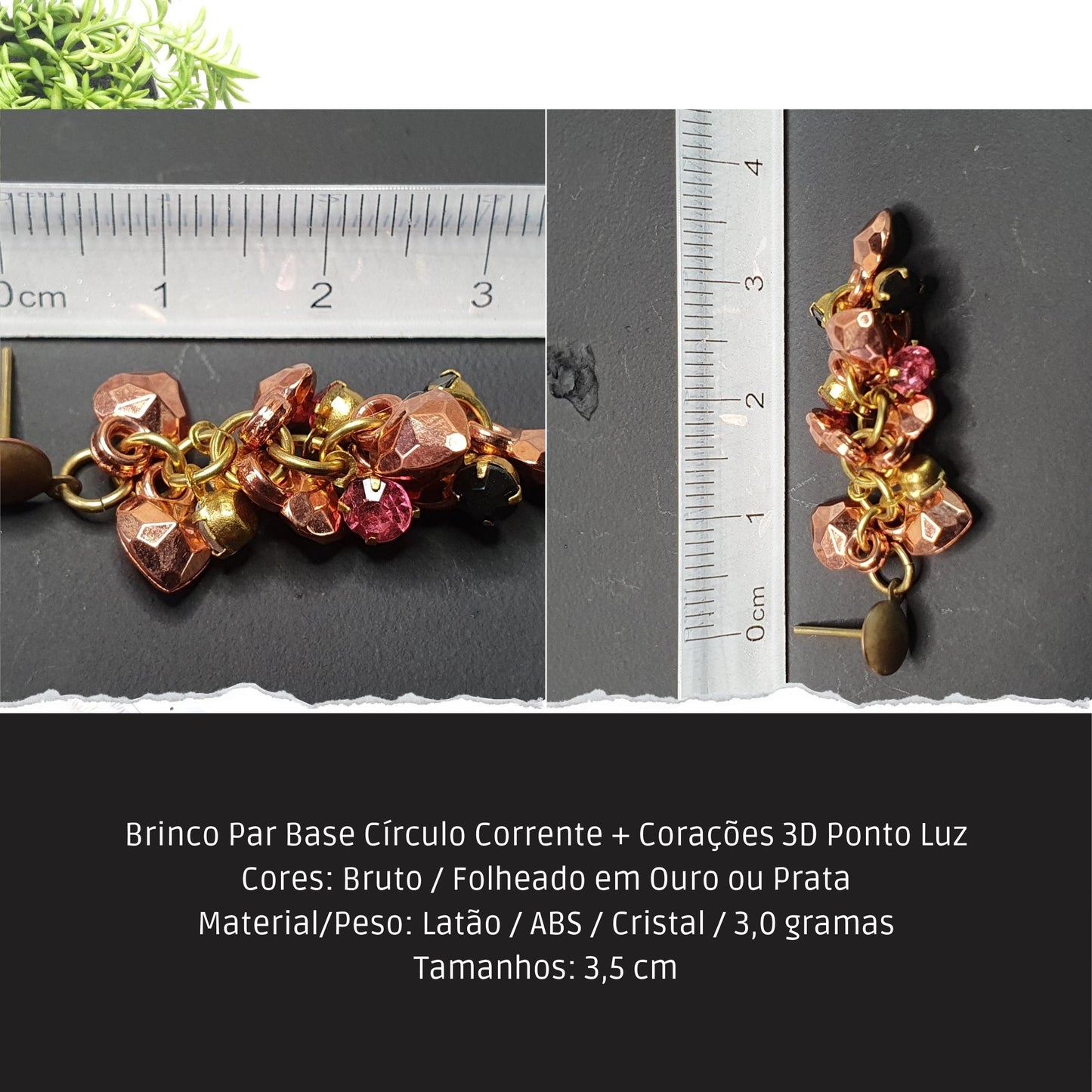 Brinco Par Base Círculo Corrente + Corações 3D Ponto Luz  - Código.: BR230005AIBR  - Peso.: 3.0 gr