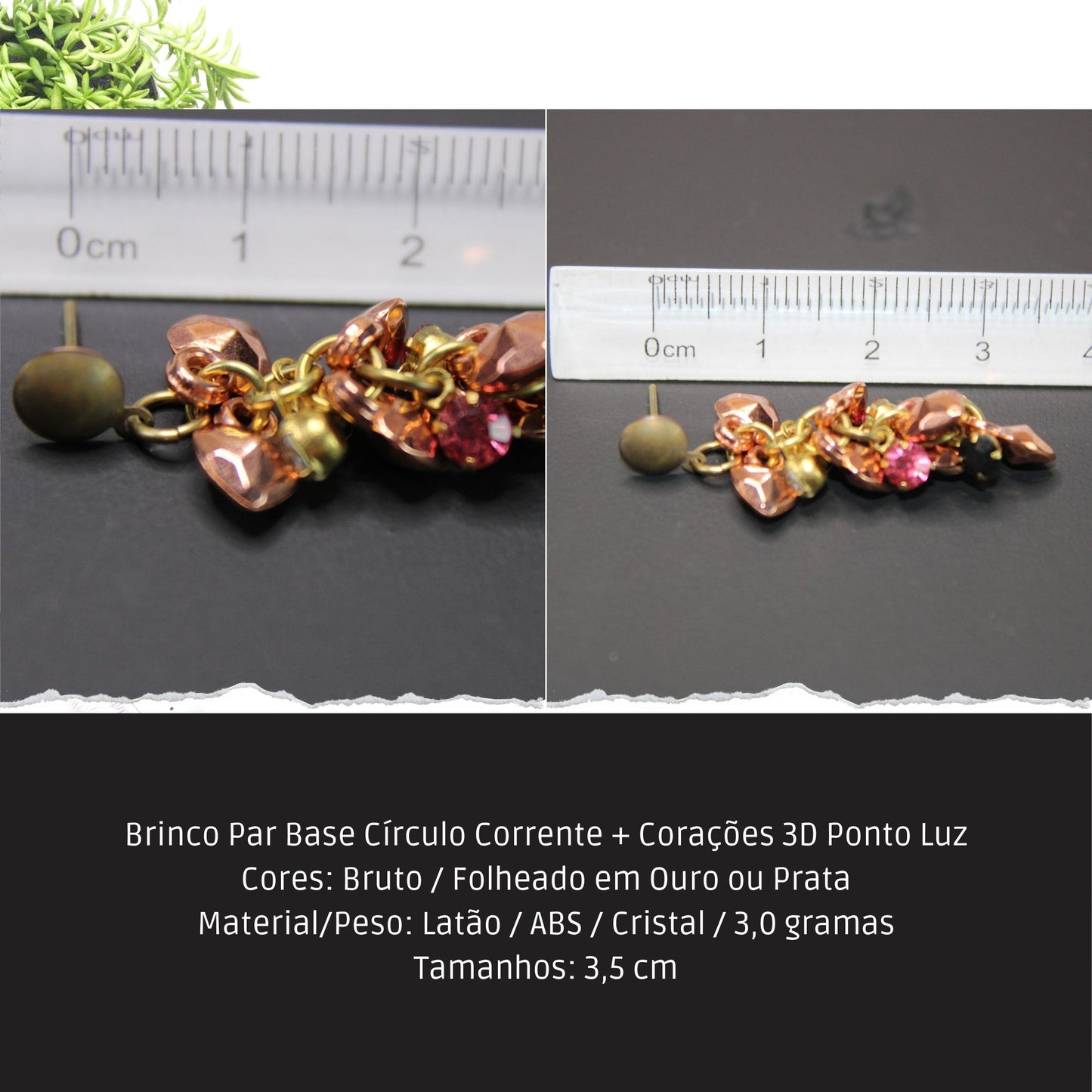 Brinco Par Base Círculo Corrente + Corações 3D Ponto Luz  - Código.: BR230005AIBR  - Peso.: 3.0 gr