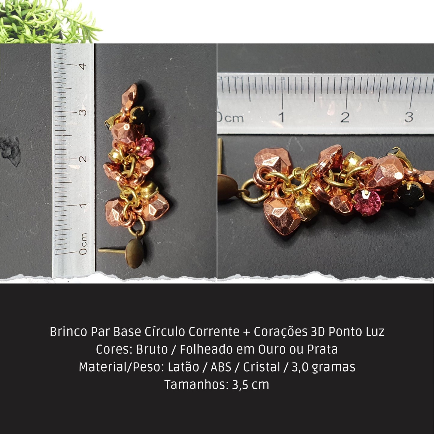 Brinco Par Base Círculo Corrente + Corações 3D Ponto Luz  - Código.: BR230005AIBR  - Peso.: 3.0 gr