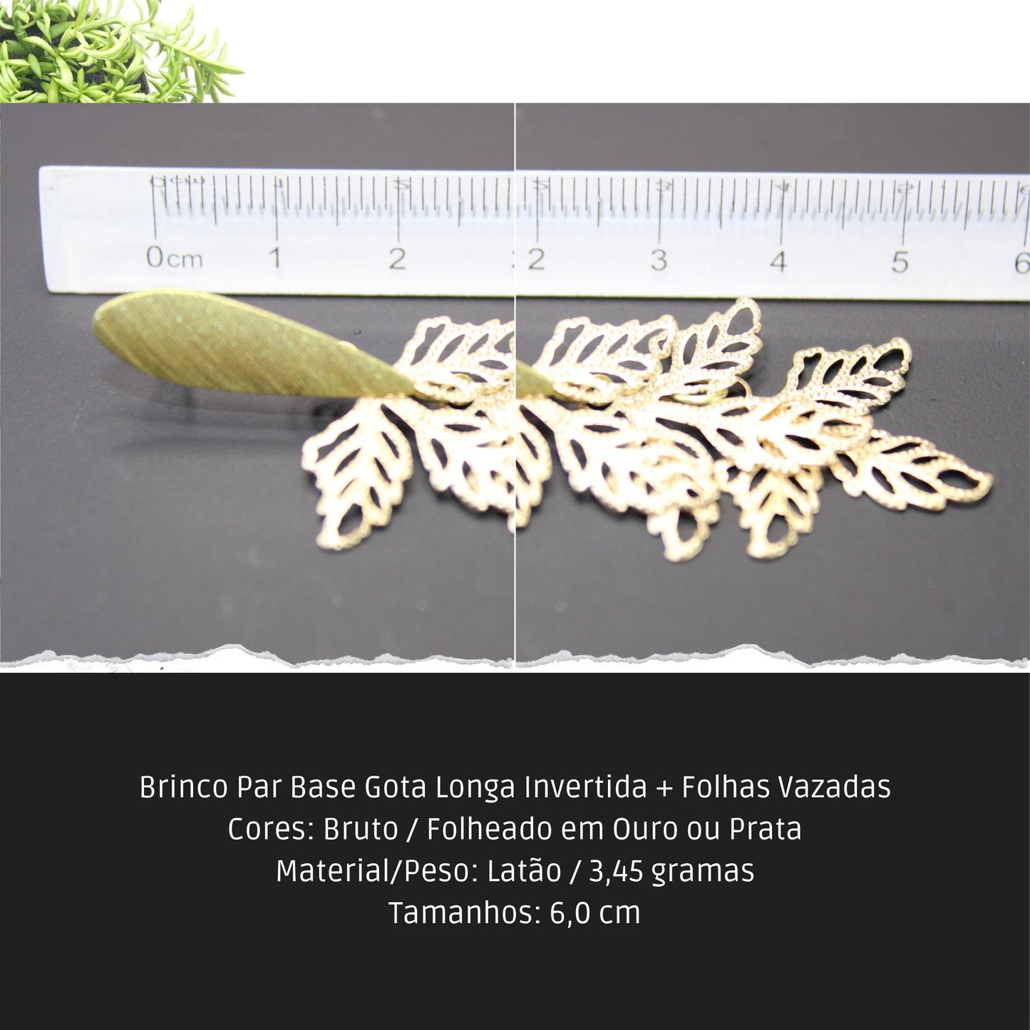 Brinco Par Base Gota Longa Invertida + Folhas Vazadas  - Código.: BR230006AIBR  - Peso.: 3.5 gr