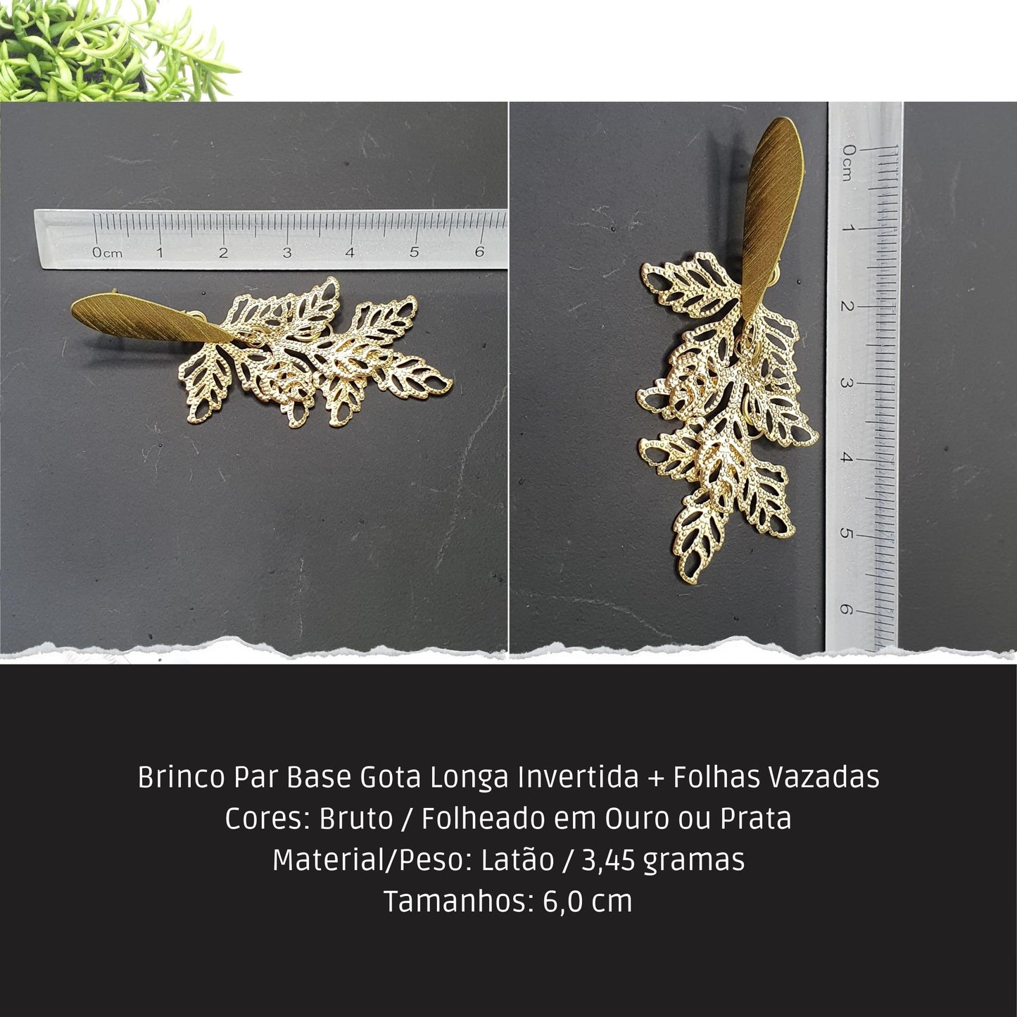 Brinco Par Base Gota Longa Invertida + Folhas Vazadas  - Código.: BR230006AIBR  - Peso.: 3.5 gr