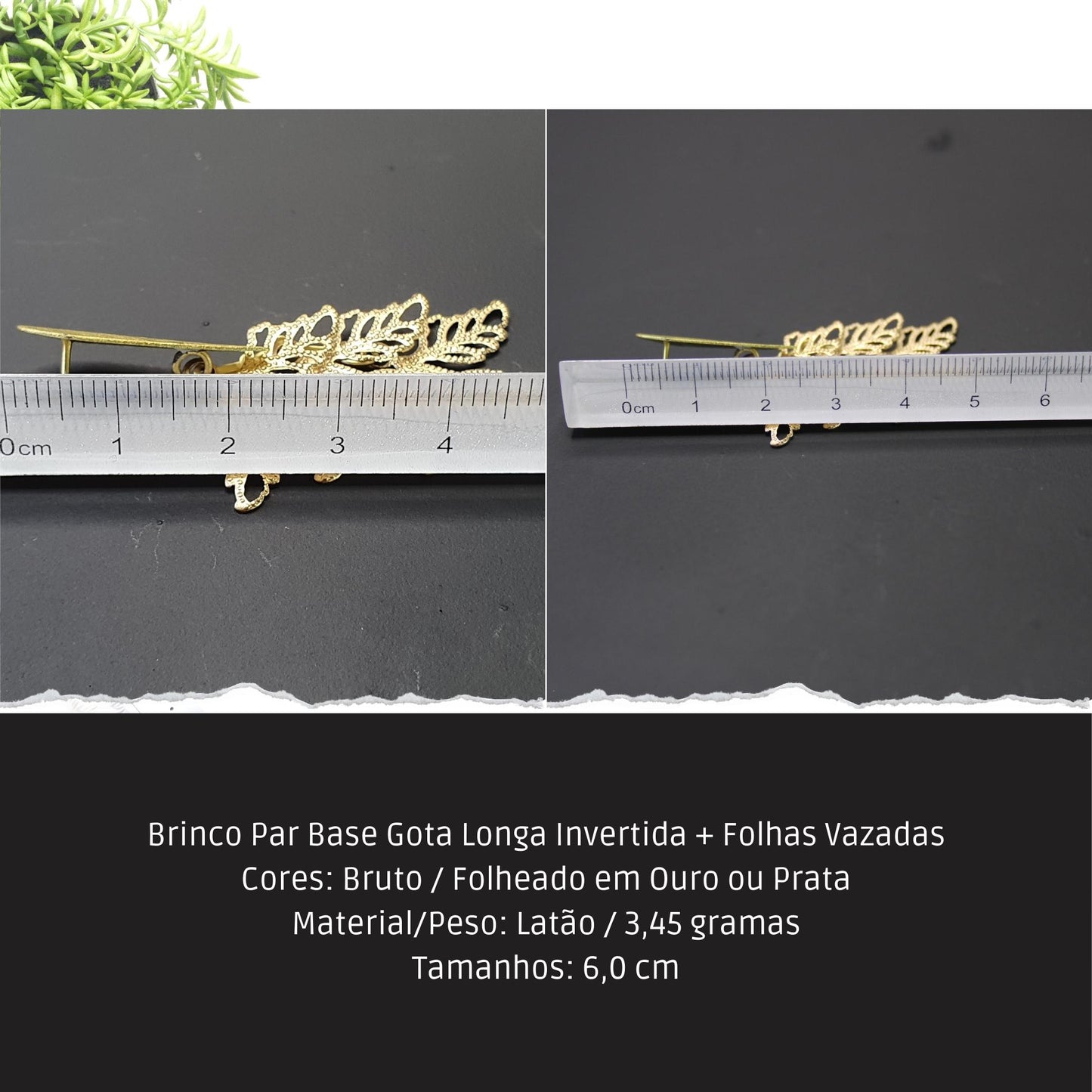 Brinco Par Base Gota Longa Invertida + Folhas Vazadas  - Código.: BR230006AIBR  - Peso.: 3.5 gr