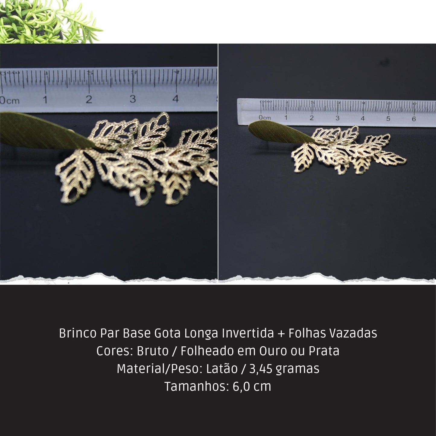 Brinco Par Base Gota Longa Invertida + Folhas Vazadas  - Código.: BR230006AIBR  - Peso.: 3.5 gr