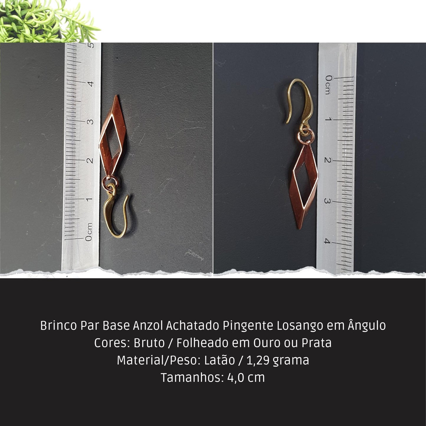 Brinco Par Base Anzol Achatado Pingente Losango em Ângulo  - Código.: BR230007AIBR  - Peso.: 1.3 gr