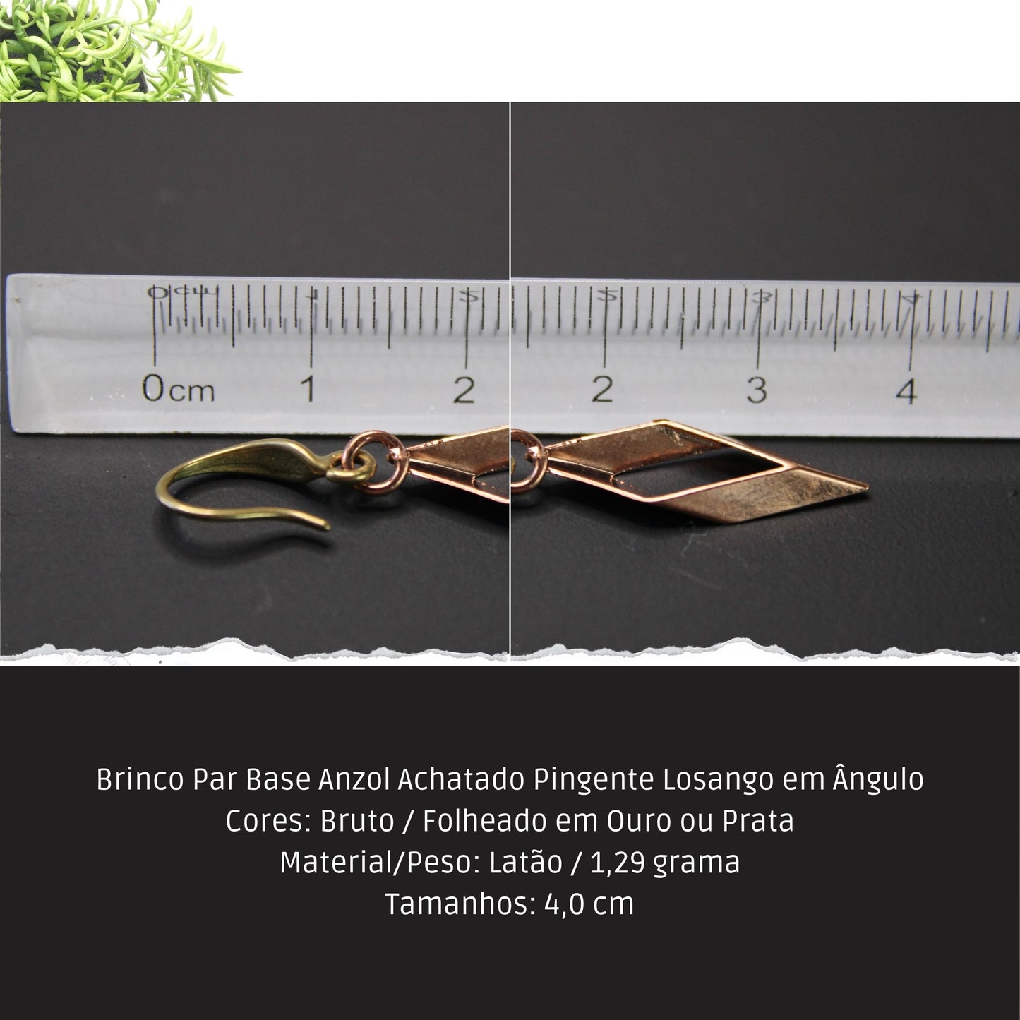 Brinco Par Base Anzol Achatado Pingente Losango em Ângulo  - Código.: BR230007AIBR  - Peso.: 1.3 gr